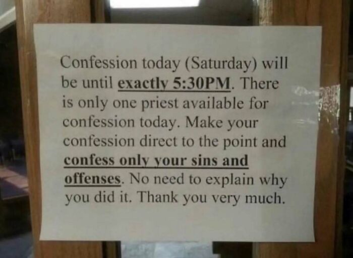 Catholic Express Line. 5 sins or less.