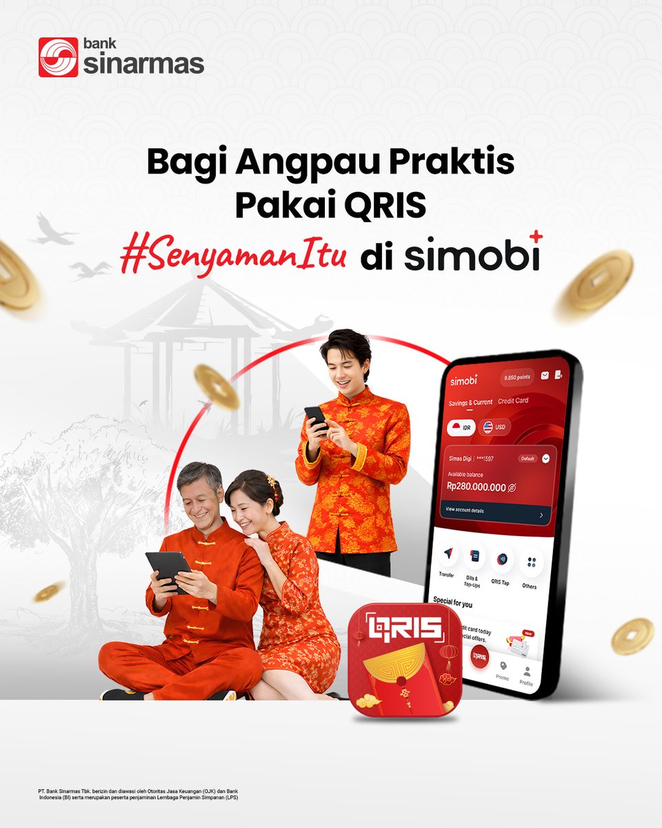 Imlek makin hangat dengan tradisi kumpul keluarga dan berbagi angpau.

Kini kirim angpau bisa cashless pakai QRIS Transfer via SimobiPlus. Praktis, cepat, dan tetap menghadirkan kehangatan di setiap momen Gong Xi Fa Cai.

Yuk, transfer sekarang dan sebarkan semangat keberuntungan