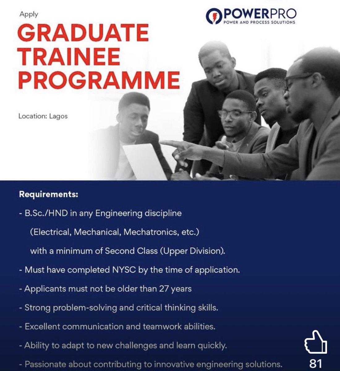 hannytalker's tweet image. Graduate trainee opportunity 

If you’re a qualified recent engineering graduate interested in our Graduate Trainee Programme, send your application to hr@powerpro.ng