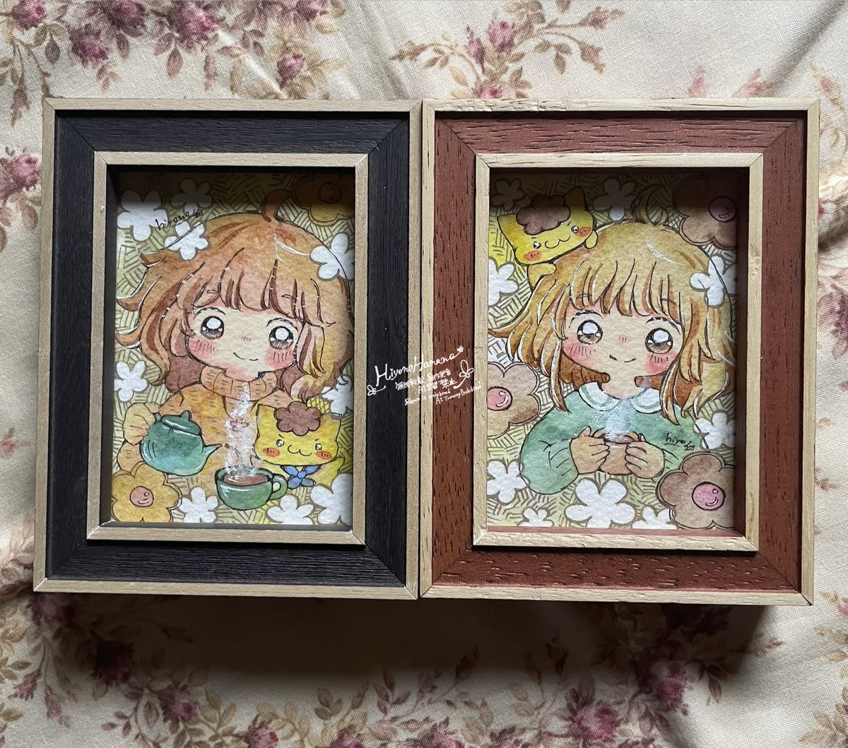 #企画展ほっと一息 
#透明水彩 
ATC額装しました！すごく可愛いです…！！原画で是非お楽しみください…！！
左「warm sound」¥6,500
右「warmth」¥6,500