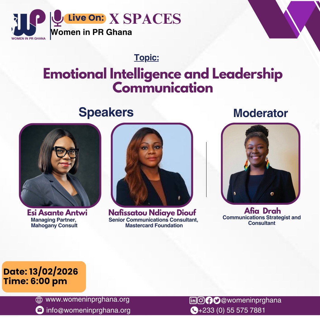 It’s tonight! 🤩
Join WiPR Ghana at 6:00pm for our X-Space on Emotional Intelligence &amp; Leadership Communications.

Speakers:
🎙️ Esi Asante Antwi – A lecturer and reputation &amp; crisis communication strategist with about 20 years’ experience.