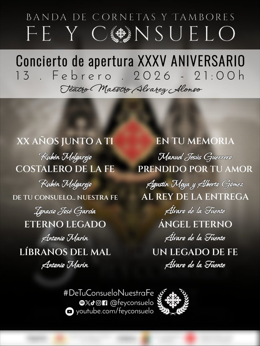 𝐗𝐗𝐗 𝐀𝐍𝐈𝐕𝐄𝐑𝐒𝐀𝐑𝐈𝐎 | 𝐑𝐄𝐏𝐄𝐑𝐓𝐎𝐑𝐈𝐎 | 𝐓𝐄𝐀𝐓𝐑𝐎 𝐌𝐀𝐄𝐒𝐓𝐑𝐎 Á𝐋𝐕𝐀𝐑𝐄𝐙 𝐀𝐋𝐎𝐍𝐒𝐎 | 𝐌𝐀𝐑𝐓𝐎𝐒

Hoy es el día en el que se cumplen muchos sueños en Fe y Consuelo. Os mostramos el repertorio que interpretaremos hoy, con uno de los estrenos musicales..