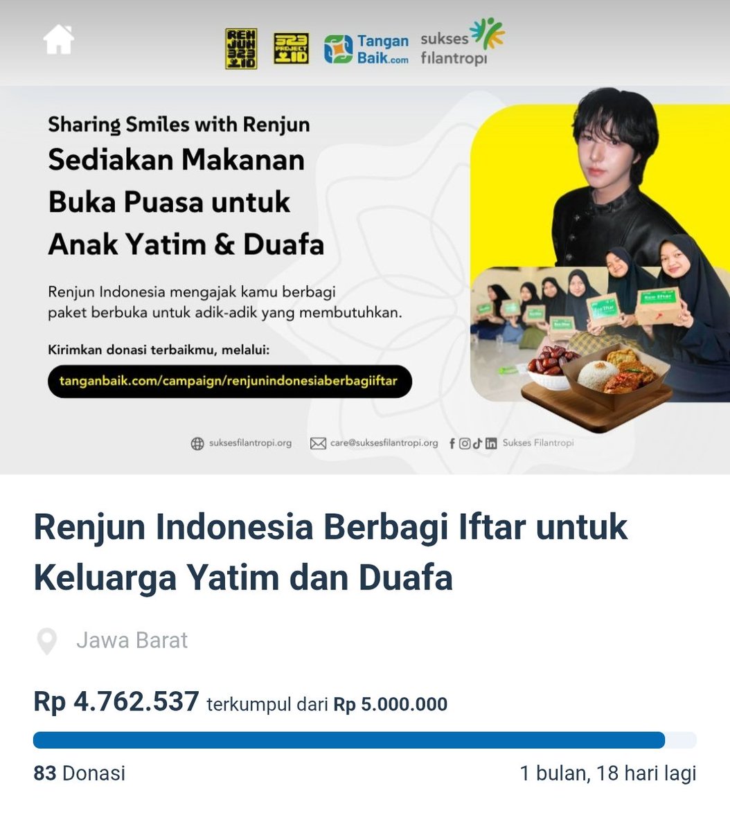 Selamat sore semuanya! 💛

Kami ingin mengucapkan terima kasih kepada teman-teman yang sudah ikut berkontribusi, baik menyumbang donasi maupun menyebarkan proyek ini 🥰

Berkat kalian semua, target #SharingSmilesWithRenjun sudah hampir tercapai hanya dalam waktu 2 hari! 🥹

Oleh