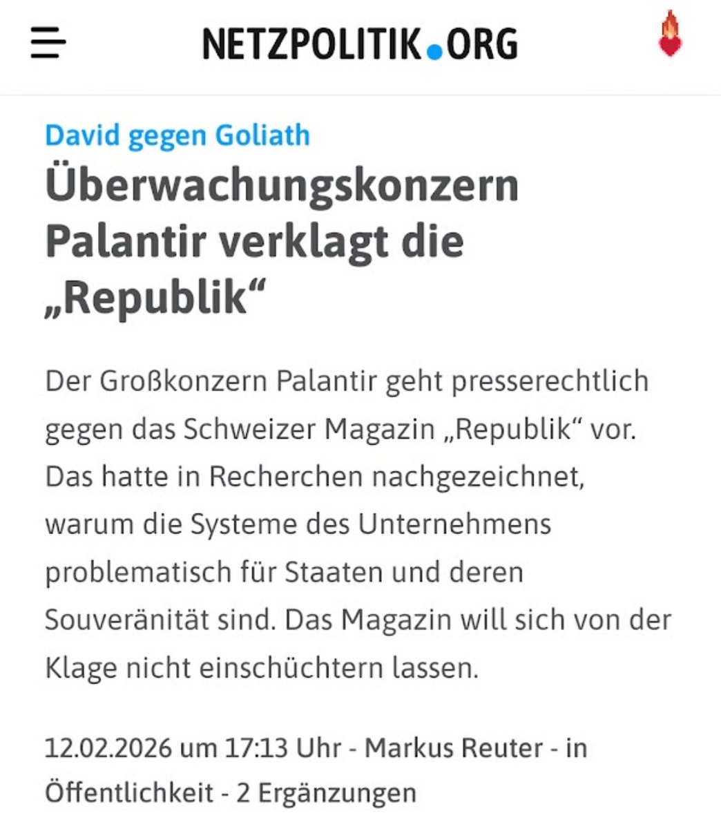 US-Massenüberwachungskonzern verklagt Schweizer Magazin, weil die aufgedeckt haben, dass selbst die Schweizer Armee Palantir ablehnt – Datenabfluss zu CIA/NSA nicht zu verhindern.

In Deutschland verteidigt Innenminister Dobrindt genau diese Software gegen jede Kritik.