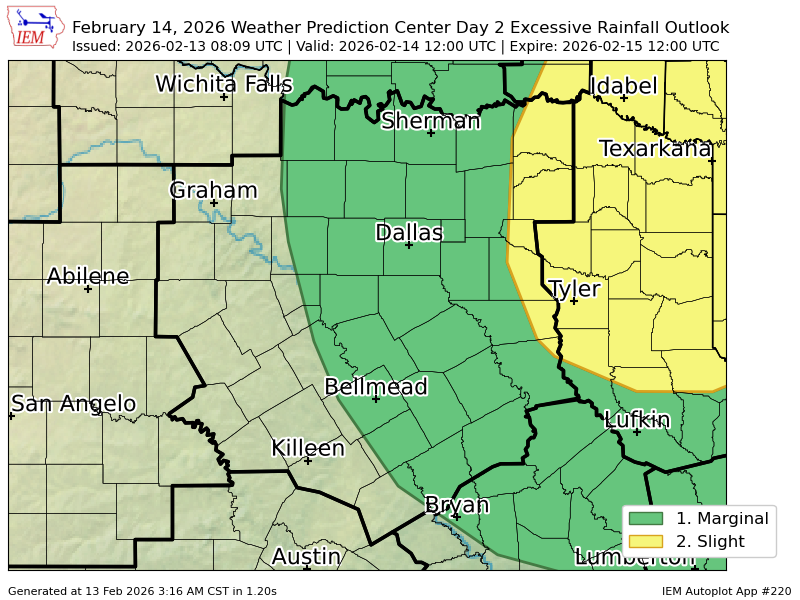 DFWWeatherbot's tweet image. WPC issues Day 2 Slight Risk Excessive Rainfall Outlook at Feb 13, 8:09z for FWD wpc.ncep.noaa.gov/qpf/excessive_…