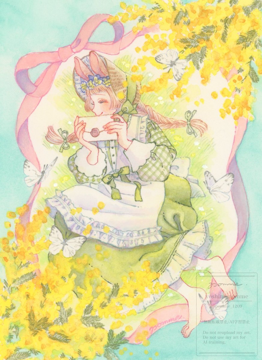 ミモザの便り』 使用画材/ランプライト水彩紙、透明水彩、色鉛筆 制作