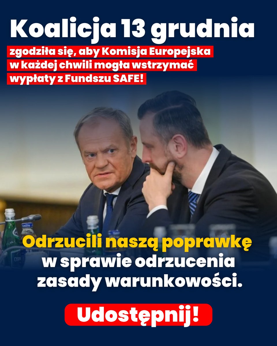 📢 Koalicja 13 grudnia zgadza się, by KE mogła w każdej chwili wstrzymać środki z Funduszu SAFE.
🟥 Odrzucili poprawkę PiS znoszącą zasadę warunkowości.
‼️Mechanizm nacisku na Polskę zostaje.
🔔 To trzeba nagłaśniać. Podaj dalej! 🔁