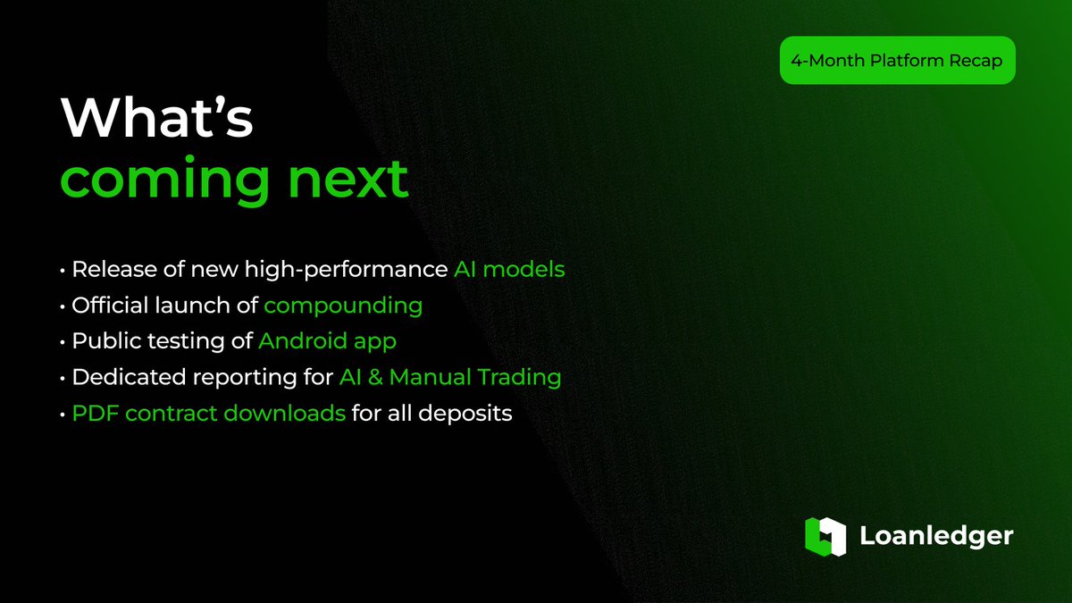 Over the first four months, Loanledger has focused on stable performance, infrastructure growth, and global readiness.

Thank you to everyone who supports and trusts Loanledger. This progress is only the beginning 💚