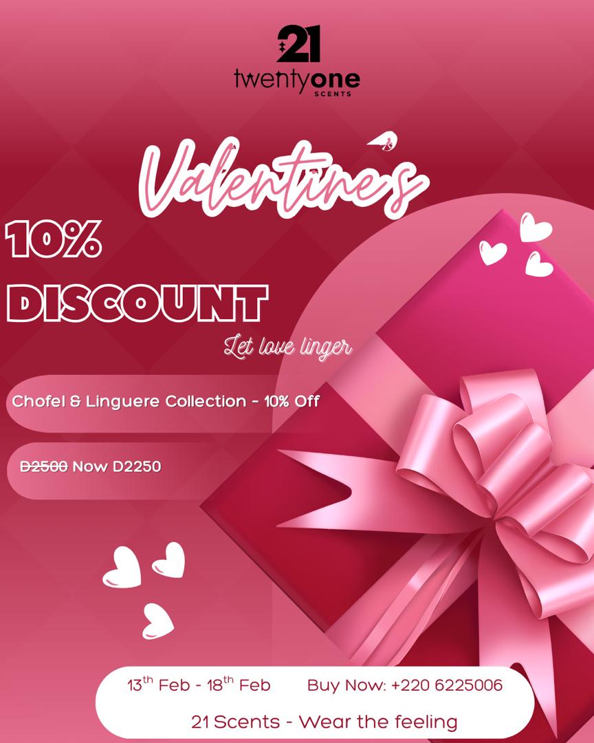 Love is in the air… wear it first ☺️💜

This Valentine’s, indulge in the scent of confidence 🥰

✨ 10% off the Chofel &amp; Linguere Collection
✨ Signature luxury perfume now D2250 (was D2500)

Call  +220 6225006 to order.
21Scents — Wear the Feeling ✨💜

#ValentinesWith21Scents