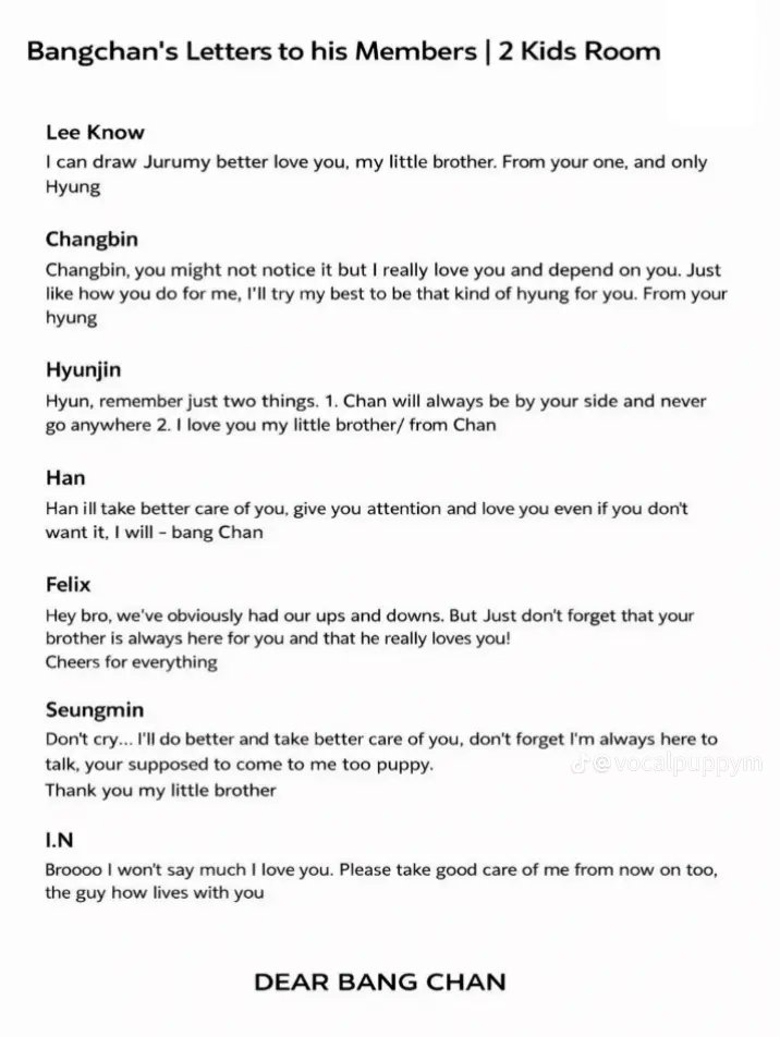 seeing each letter chan wrote to his kids during 2kr side by side like this just made everything ten times more devastating wth 💔