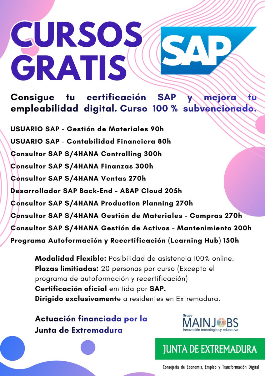 sexpeemplea's tweet photo. 🎯 ¿Estás interesado/a en mejorar tu empleabilidad digital?

🚀 Consigue tu certificación SAP a través de estos cursos financiados por la @econoempleoEXT y gestionados por Mainjobs.
💻 Posibilidad asistencia 100% online.
📌 Dirigido a residentes en Extremadura.

💪🏻 Refuerza tus competencias digitales y mejora tu posicionamiento profesional en un mercado cada vez más competitivo y globalizado.

ℹ️ Más info: https://t.co/Fc1bqYMeFJ