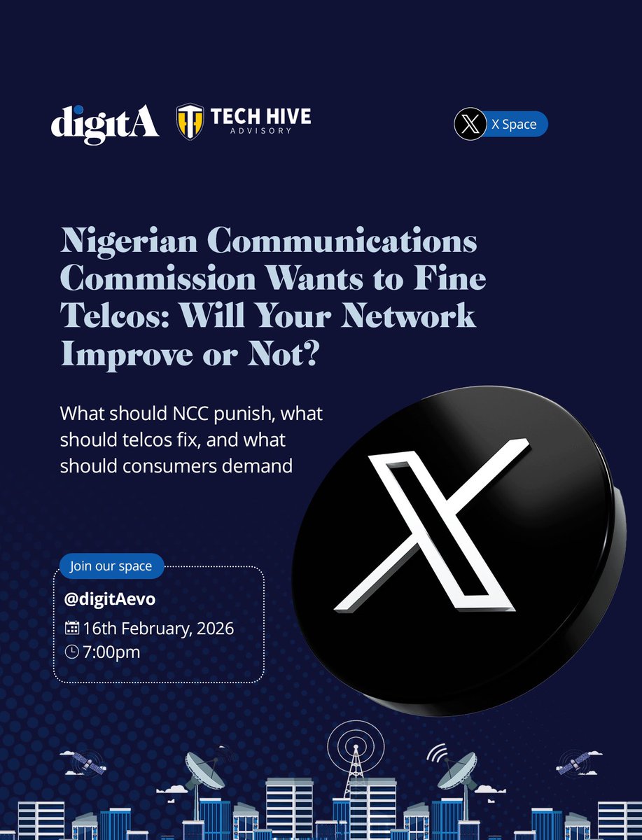 Digitaevo's tweet photo. Bad network? Dropped calls? Data that disappears? The #NCC wants to fine telcos, but will your service actually get better? We’re hosting our first X Space in collaboration with @HiveAdvisory to talk about it.
#TelecomNG #NetworkIssues #DigitalRights #Broadband #XSpace https://t.co/FBXGCbpj02
