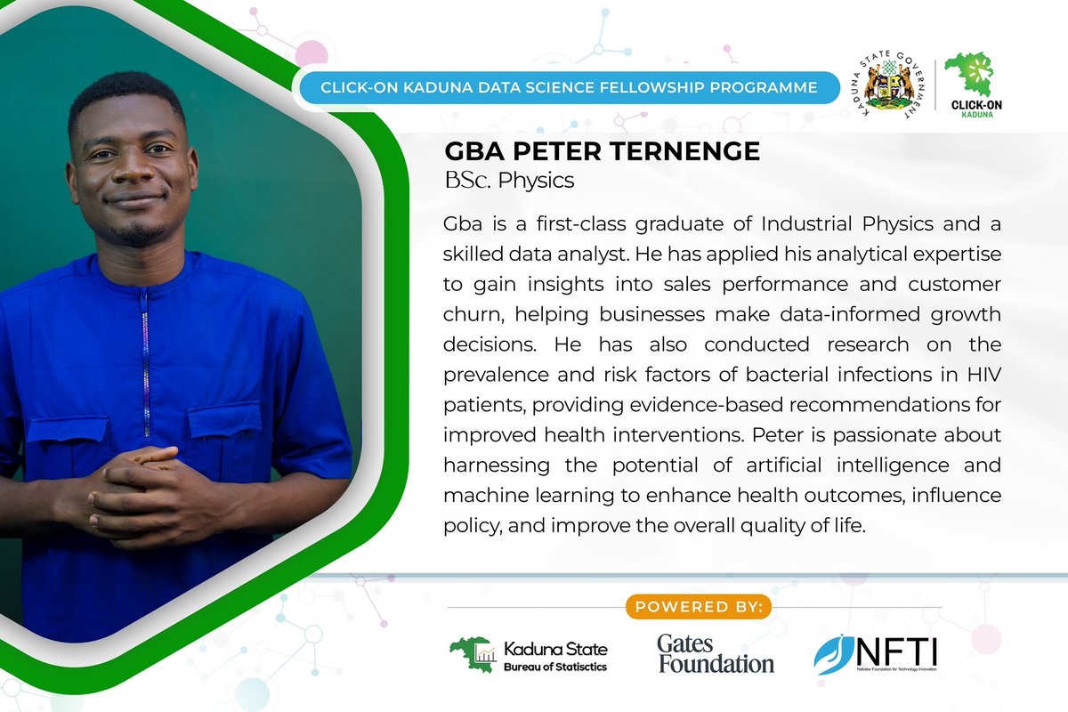 Meet Gba Peter Ternenge, a First-class graduate in Industrial Physics, and a fellow of the Cluck-On Kaduna data science fellowship program. Peter isn’t just about the theory. He’s a skilled Data Analyst who has helped businesses grow and researched critical health interventions