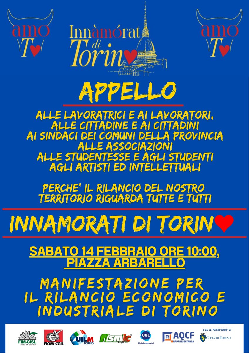 Domani, alle ore 10.00, in piazza Arbarello, a Torino, si svolgerà la manifestazione unitaria dei sindacati metalmeccanici “INNAMORATI DI TORINO” per il rilancio economico ed industriale della nostra città.