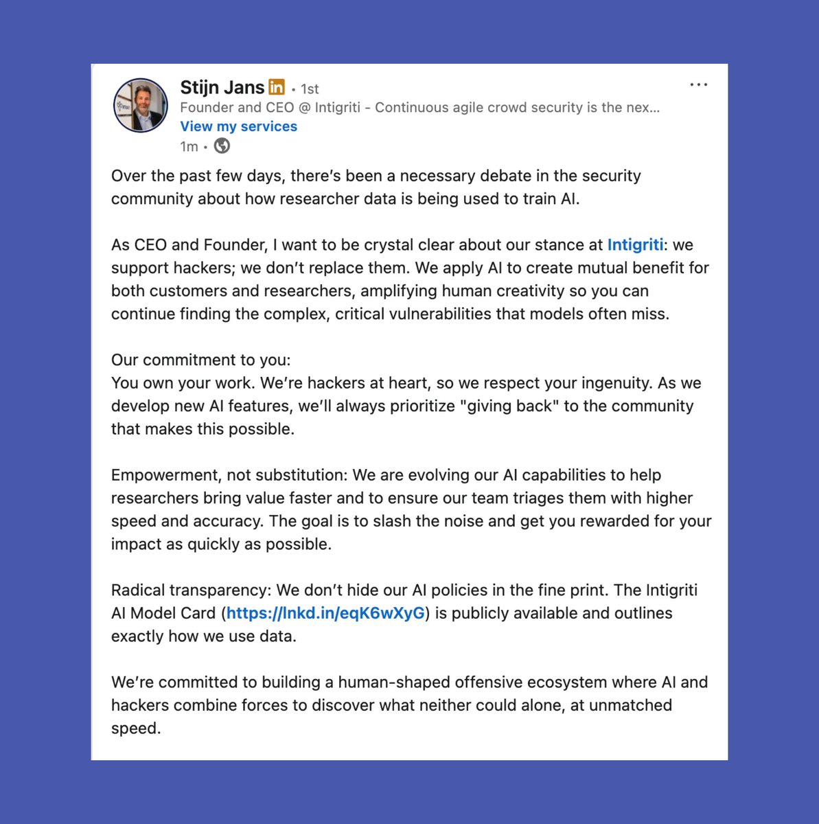 Statement on AI &amp; researcher IP from our CEO Stijn Jans