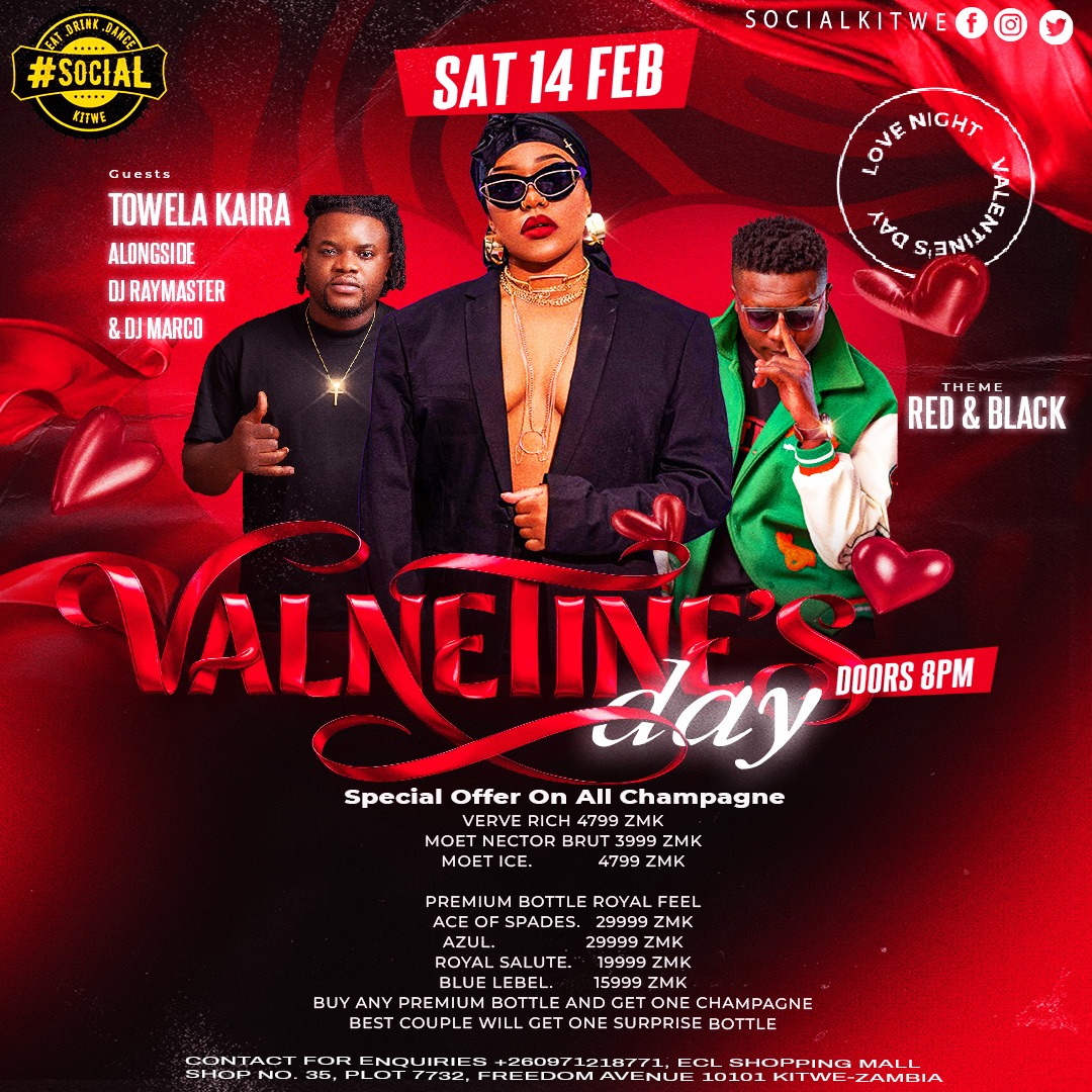 This Saturday 14 Feb, turn up the heat with Towela Kaira alongside DJ Raymaster &amp; DJ Marco for the ultimate Valentine’s Night.
✨ Theme: Red &amp; Black
🍾 Champagne &amp; premium bottle specials
⏰ Doors open 8PM
Dress to impress. Come for the love, stay for the vibes. 💃🏽🕺🏽