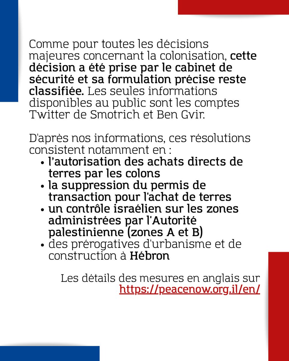 L'annexion rampante de la Cisjordanie se poursuit et ne se limite plus à la zone C. Cette semaine, le cabinet de sécurité a étendu les prérogatives israéliennes sur les zones A et B et autorise désormais les achats de terres par les colons dans ces zones.