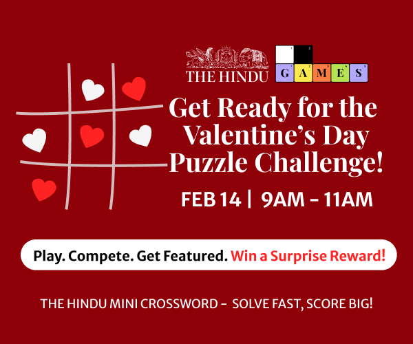 This Valentine’s, join our Heart Grid Challenge on The Hindu Games!
📍 Where to play: The Hindu Games website – The Hindu Mini Crossword
        Play here: thehindu.com/crosswords
        Date: Feb 14
⏰ Time window: 9 AM – 11 AM
✨ How to participate:
* Create an account on