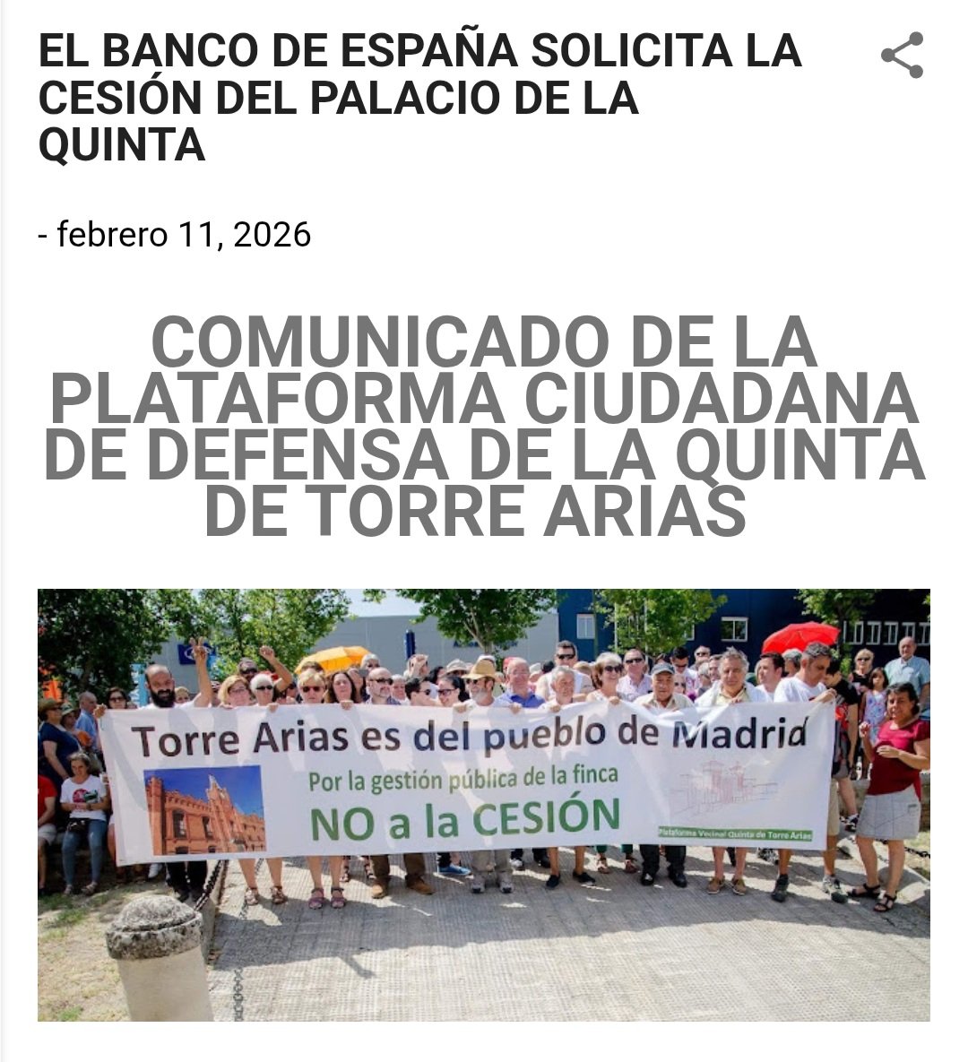 Comunicado de la <a href="/PlataformaQTA/">Plataforma Quinta Torre Arias</a> sobre las últimas noticias relativas a la Quinta de Torre Arias ⬇️
torreariasplataforma.blogspot.com/2026/02/el-ban…