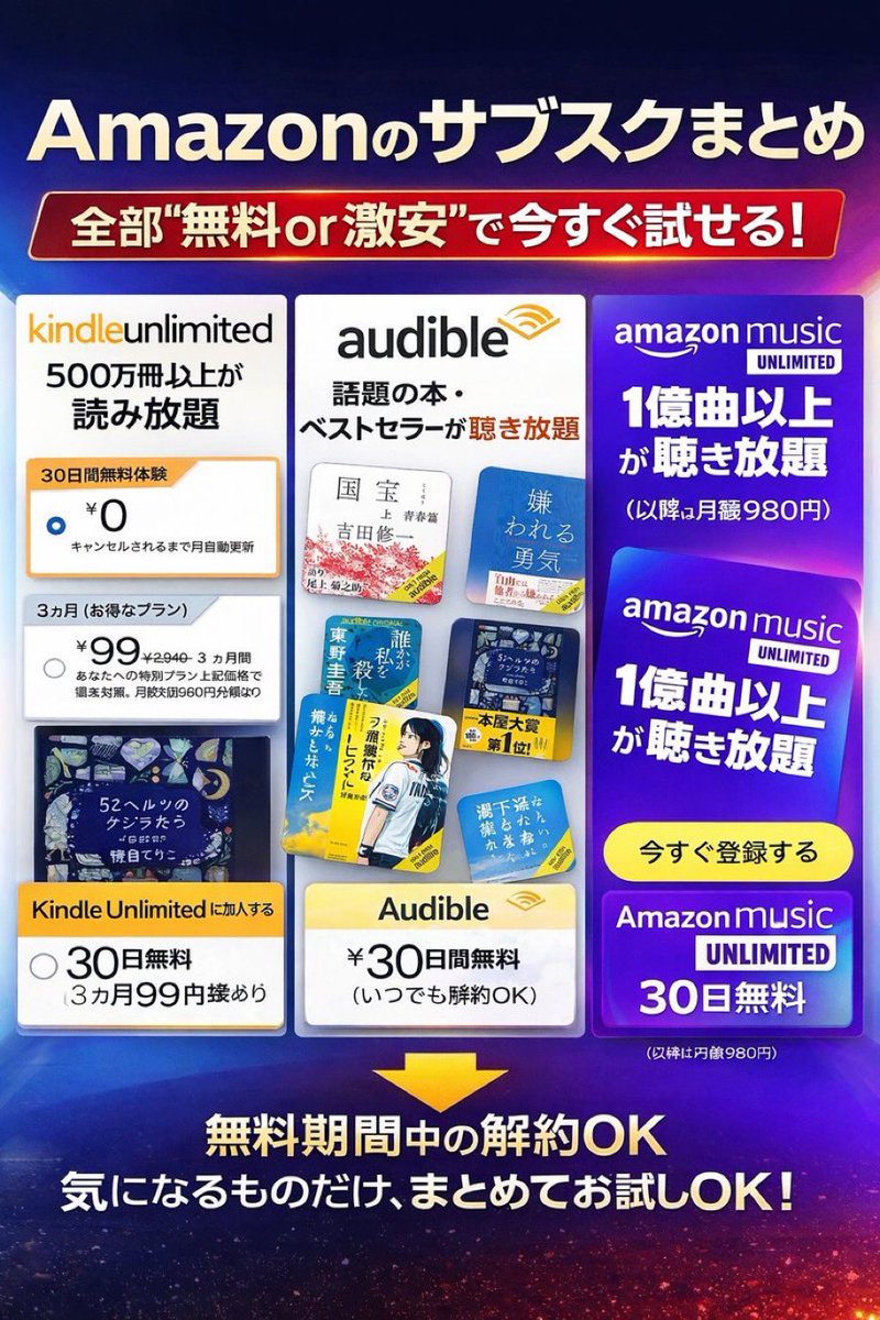 📢 Amazon サブスクまとめ【PR】

📖 Kindle Unlimited
▶ 3ヶ月99円
👉amzn.to/4q6hzNK

🎧 Audible
▶30日間無料
👉amzn.to/4k8UcC5

🎵 Amazon Music Unlimited
▶ 30日間無料
👉amzn.to/4qbY2vJ