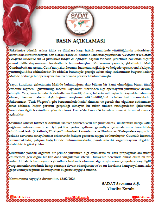 SADATdefense's tweet photo. France 24 Kanalının Şirketimize Yönelik Asılsız İddiaları ve Dış Basında Yer Alan Tezviratlara Karşı Basın Açıklaması

https://t.co/atbEI1LwXO https://t.co/q079gFsJVT