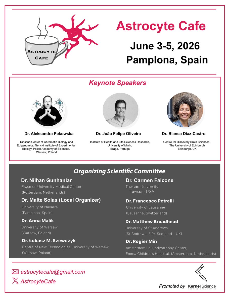 CarmenFalcone6's tweet photo. Join us in Pamplona for the second in-person #AstrocyteCafe conference!

We are so excited to welcome three amazing keynote speakers: @B_DiazCastro, João Oliveira, and @AleksandraPeko4 😍

Registrations &amp; abstract submission will open soon, #staytuned!

#AstrocyteCafe2026 https://t.co/tl1SI80d8g