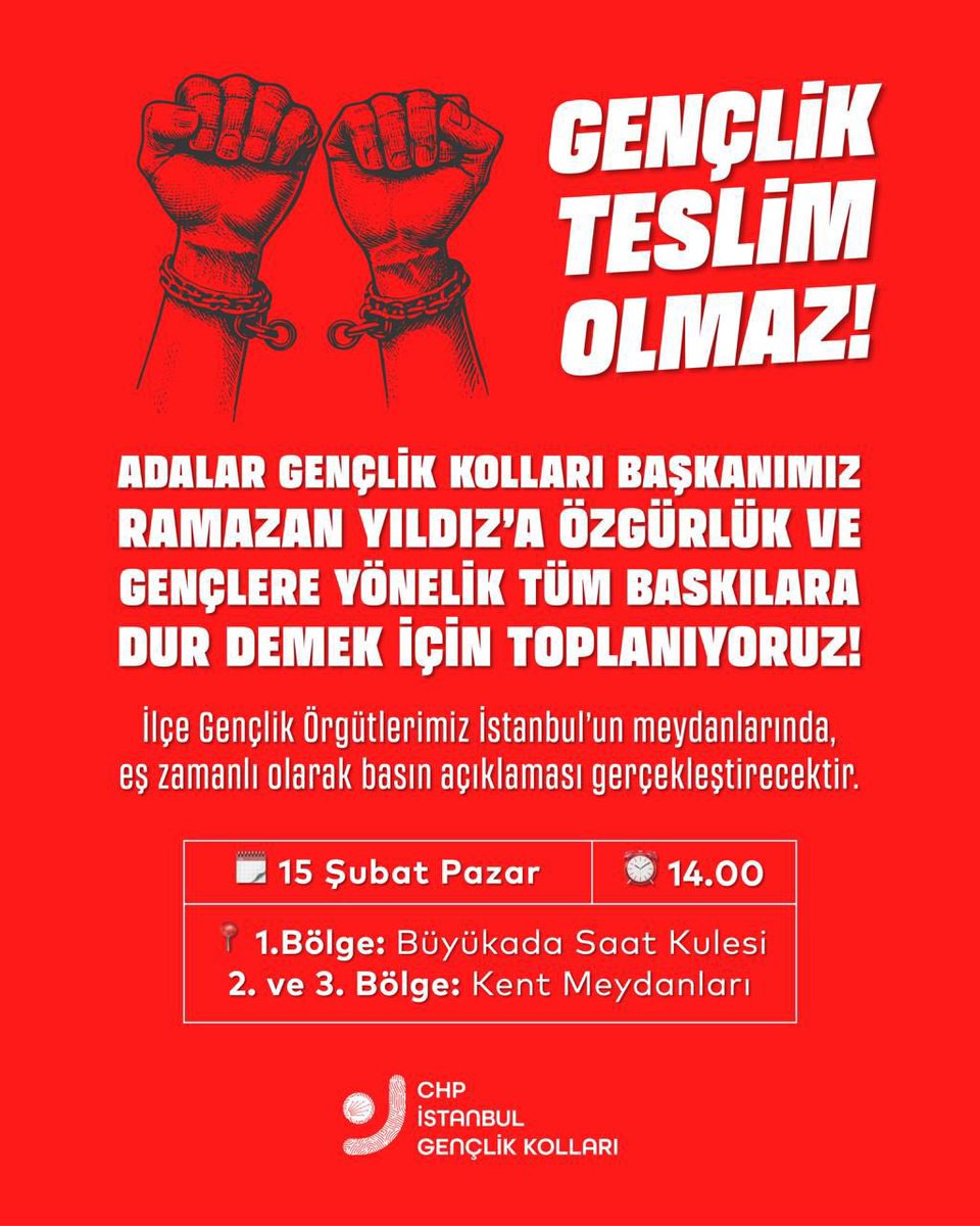 Gençlik teslim olmaz!

İlçe meydanlarımızda bir araya geliyoruz; tutuklu bulunan Adalar Gençlik Kolları Başkanımız Ramazan Yıldız ve gençlere yönelik tüm baskılara dur demek için basın açıklamamızı gerçekleştireceğiz.

Tek bir gencimizi dahi adaletsizliğe ve hukuksuzluğa teslim