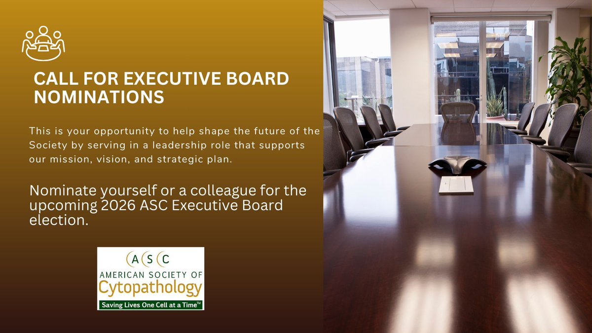 cytopathology's tweet photo. The ASC Nominations Committee invites you to nominate yourself or a colleague for the upcoming 2026 ASC Executive Board election. This is your opportunity to help shape the future of the Society by serving in a leadership role. 
https://t.co/K1wH4abdFO 
#cytopathology https://t.co/cg6IDspOdI