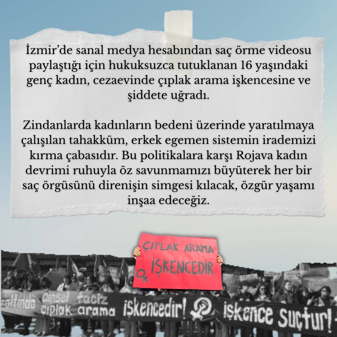 Kadın Kırım politikalara karşı Rojava kadın devrimi ruhuyla öz savunmamızı büyüterek her bir saç örgüsünü direnişin simgesi kılacak, özgür yaşamı inşa edeceğiz.

#DefendRojava