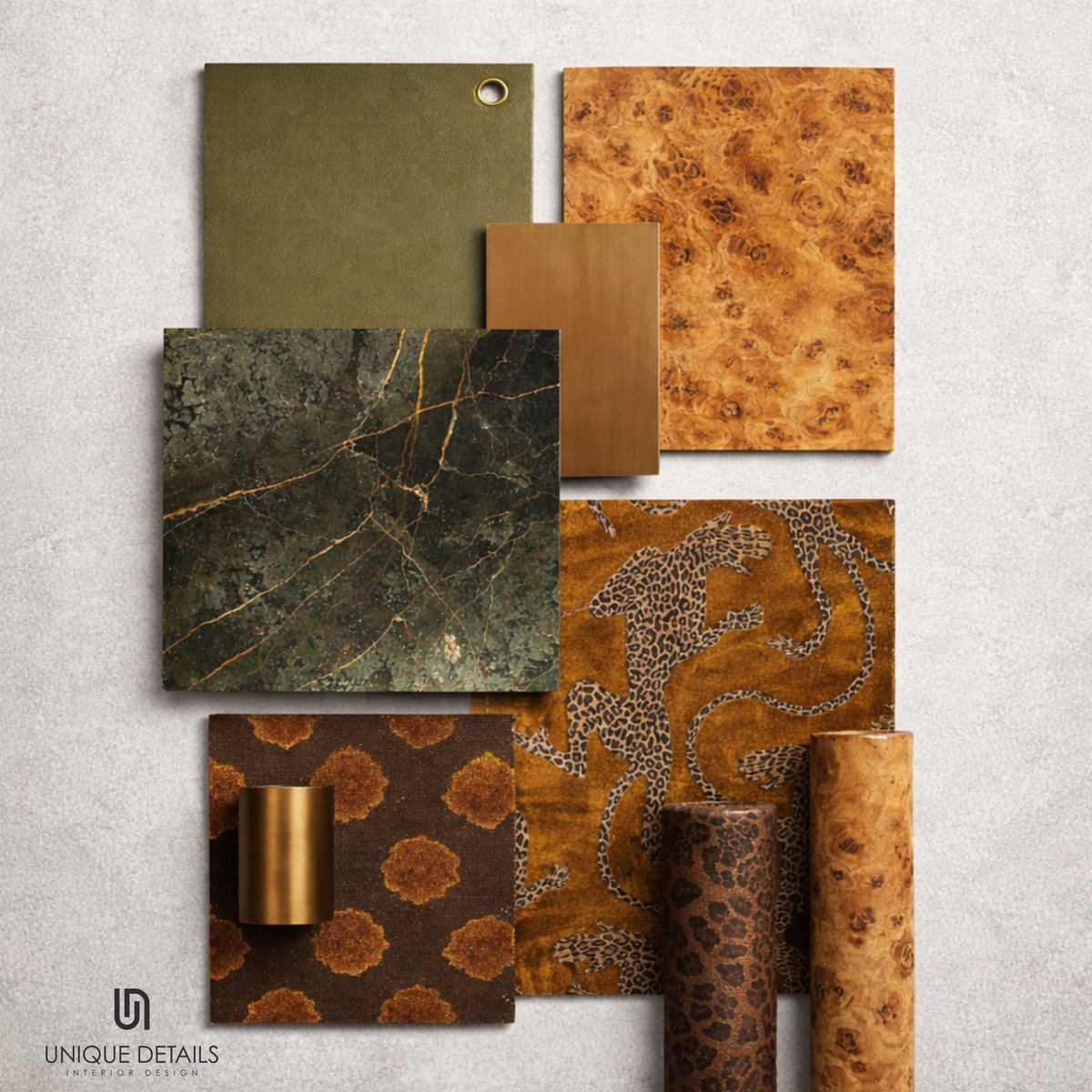 Udetails_sa's tweet image. لوحة مواد من اختياراتنا مكونة من العنصر الأساسي الرخام الاخضر الزيتوني بعروق ذهبية تربطه بالمعدن الذهبي ، و قشرة الخشب ومنها انطلقت باقي الخيارات ، الجلد الزيتوني كاضافة فاخرة للمكان، الأقمشة بنقشة النمر و بألوان تجمع باقي مواد المكان
#interior  #material #mixandmatch #design