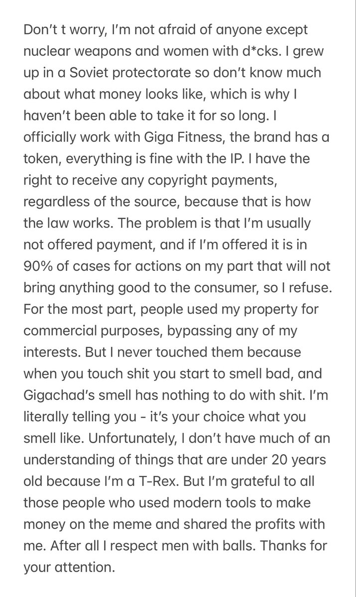 Hello. Today, Gigachad is experiencing problems with speech censorship. We apologize for the inconvenience. We’ll fix everything on Monday.
gigaOS

I’m going into the forest.