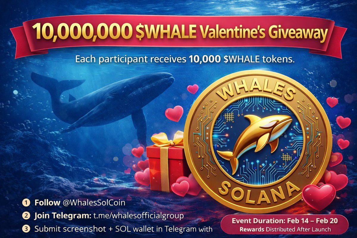 WhalesSolCoin's tweet photo. 💖🐋 10,000,000 $WHALE Valentine’s Giveaway 🐋💖

Love is in the air… and so are WHALES! 🌊🔥
This Valentine’s season, we’re spreading the love to our amazing community with a 10 Million $WHALE Giveaway on Solana!

🎁 Each eligible participant will receive 10,000 $WHALE tokens - Total 1000 Random Users 💚❤️
Yes, you read that right. Early supporters get rewarded. 💎

🎆 Event Details

📅 Start: 14 February
📅 End: 20 February
🏆 Rewards Distribution: After official launch

✅ How To Participate

1️⃣ Follow @WhalesSolCoin on X
2️⃣ Join our Telegram Community:
👉 https://t.co/aMQXn2IV30

3️⃣ Like ❤️ Retweet 🔁 & Comment 💬 the giveaway post on X
4️⃣ Take a Screenshot 📸

Then 👇
• Join our #Whale Telegram Community
• Submit your Screenshot + SOL Wallet Address
• Use hashtag #WHALEGIVEAWAY

🌊 The earlier you join, the stronger the wave.
🐋 The stronger the wave, the bigger the movement.

This is more than a giveaway.
This is the beginning of the WHALES movement on Solana. 🚀

Don’t miss your chance to be part of something big.

#WhalesCoin #Solana #CryptoGiveaway #WHALEGIVEAWAY