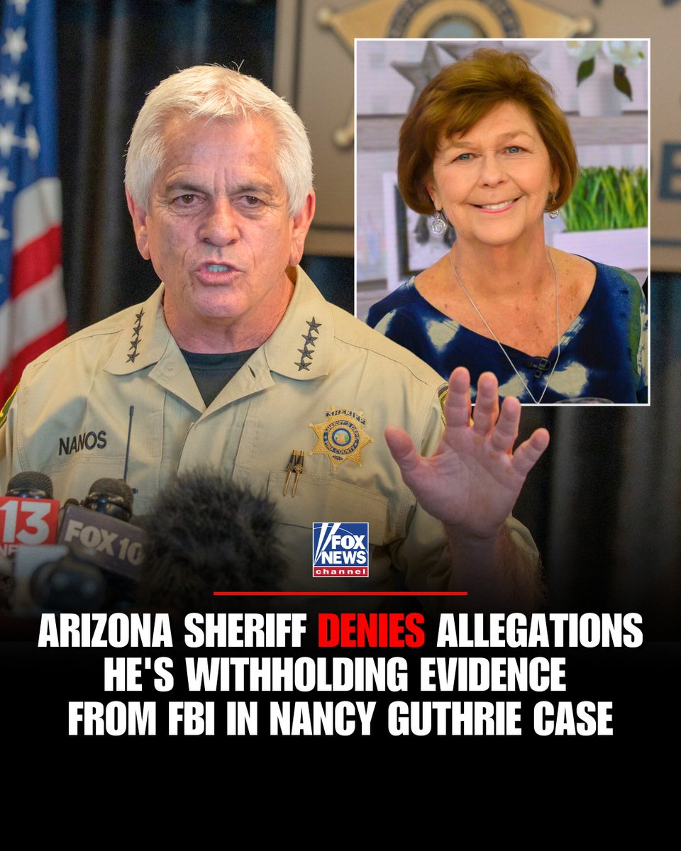 FoxNews's tweet image. TURF WAR: Pima County Sheriff Chris Nanos is pushing back on claims that he's withholding evidence from the FBI in the Nancy Guthrie case, saying the allegations are "not even close to the truth."

A federal source previously told FOX News Digital the FBI wanted key evidence sent…