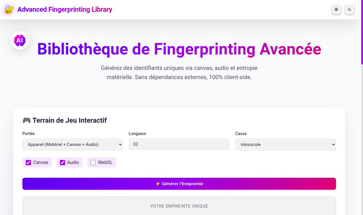 🫆  Advanced Fingerprinting Library 

Découvrez la bibliothèque JS de prise d'empreinte basé sur l'entropie.

Discover the Entropy Based Javascript fingerprinting library.

Demo : lombard-web-services.github.io/Advanced-Finge…

🗒️ Readme : 
🇫🇷 : github.com/Lombard-Web-Se…

🇬🇧 : github.com/Lombard-Web-Se…