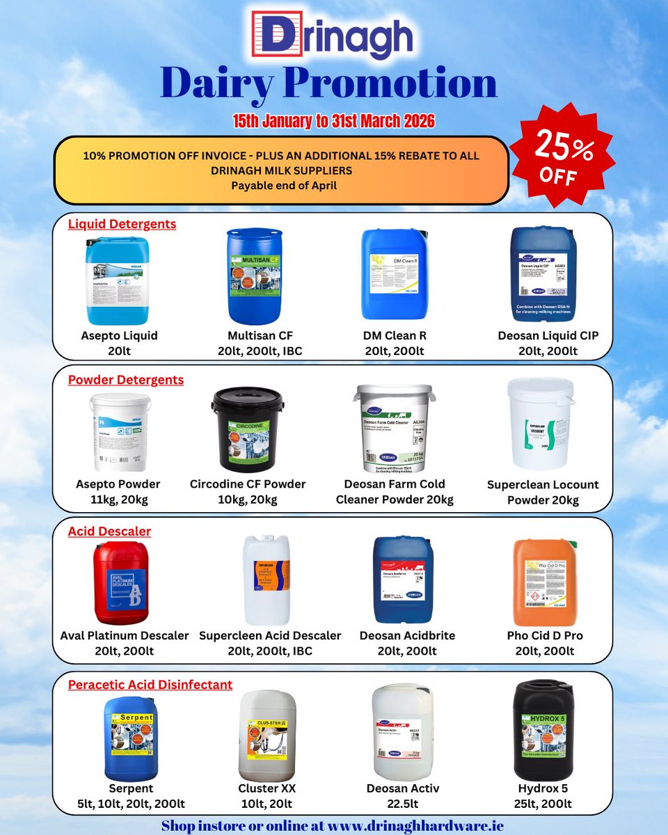 Drinaghagri's tweet photo. #FarmFriday
Stock up on all your Dairy hygiene, marking & milk testing products with our Dairy Promotion 🐄
25% off for all our milk suppliers 💪
https://t.co/l8ckDbEvFC
#detergents #milktesting #dairyfarming #drinaghcoop https://t.co/qZQIjE7n4s