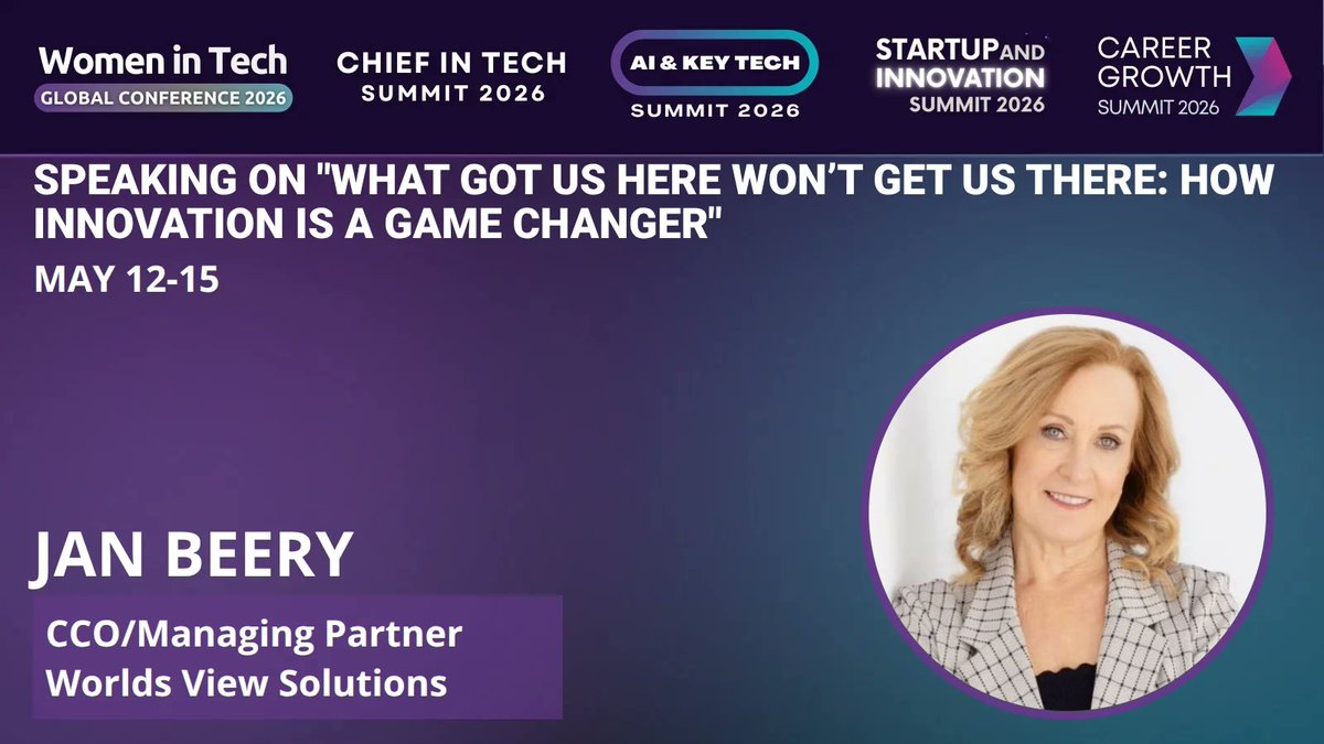 WomenTechNet's tweet image. ⭐🎤 WTGC 2026 Speaker Spotlight

Jan Beery — CCO &amp;amp; Managing Partner, Worlds View Solutions
 Talk: What Got Us Here Won’t Get Us There

📅 May 12–15, 2026 | 🌍 Virtual
👉 shop.womentech.net/products/all-a…

#WTGC2026 #InnovationInTech #AILeadership #WomenInTech