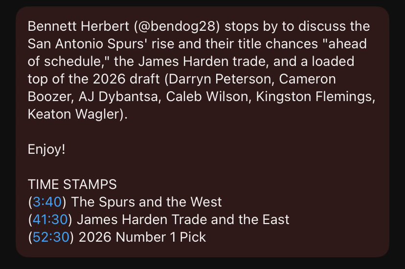🎯🎯New Episode (video)🎯🎯

238: Spurs, the title picture, Harden trade, and the 6 candidates to go 1 in 2026 (Peterson, Boozer, Dybantsa, Wilson, Flemings, Wagler) with <a href="/bendog28/">Bennett Herbert</a> 

Enjoy! Link in reply. Audio platforms coming shortly.