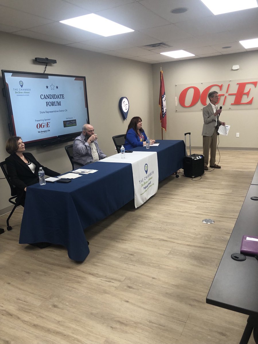 Rusty Myers with Van Buren Chamber welcomes crowd to District 24 Candidate Forum, as Charlene Fite(R), Ryan Intchauspe(D), and Melissa Koller (R) discuss their platforms Thursday night Feb 12 at the VB Chamber of Commerce