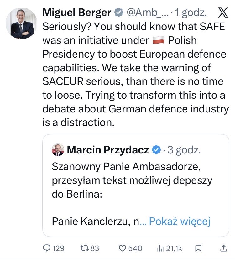 CDzwoni's tweet image. W ciągu ostatnich 24 godzin ambasador niemiecki @Amb_Berger napisał cztery tłity, w których wpieprza się w wewnętrzne sprawy Polski, względnie poucza naszych polityków.