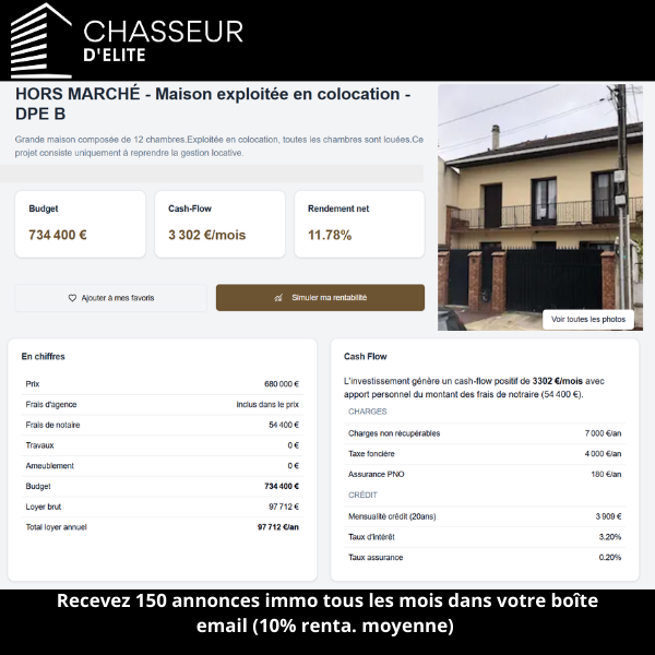 1 jour / 1 annonce Chasseur d'Élite :  
Le coup de coeur de l'équipe !   
Voici un aperçu d'une annonce immobilière dénichée par nos chasseurs et disponible sur notre plateforme ''Chasseur d'élite''.                                       #investissementslocatifs
