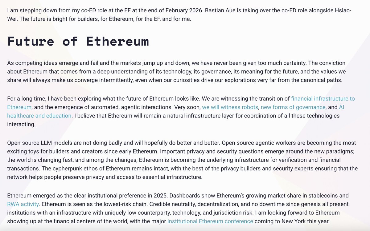 DegenerateNews's tweet photo. BREAKING: @tkstanczak STEPPING DOWN FROM CO-EXECUTIVE DIRECTOR ROLE AT THE ETHEREUM FOUNDATION AT THE END OF FEBRUARY 2026 - BASTIAN AUE TO TAKE OVER THE CO-ED ROLE ALONGSIDE HSIAO-WEI

SOURCE: https://t.co/3zvmBNCXEi https://t.co/kJ7mzbQ4vt