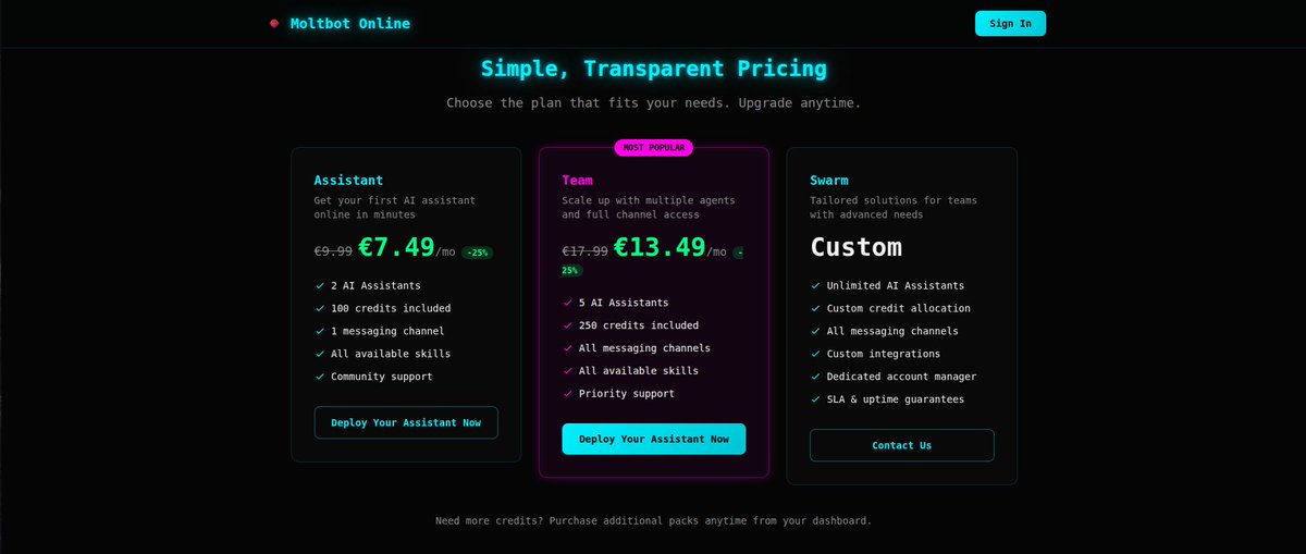 moltbot_ai's tweet photo. We modified our plans: Assistant Plan includes 2 assistants now, while you can deploy up to 5 assistants in the Team plan. 

We also added additional included credits in both plans !

If you want to start testing OpenClaw easily, there is no better way that using moltbot-online ! https://t.co/36c2fR0e9V