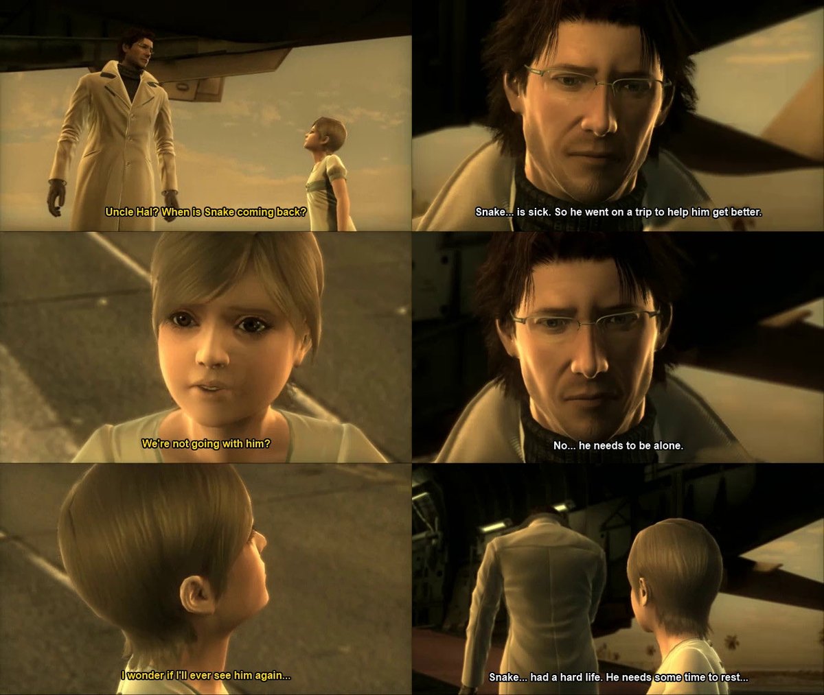 the final cutscene of the game is over 70 minutes long and i wasn’t sure if the start button would pause it or skip it, so i spent the whole time dancing around my living room trying not to pee, sobbing profusely while otacon explains to sunny where his gay husband snake is going