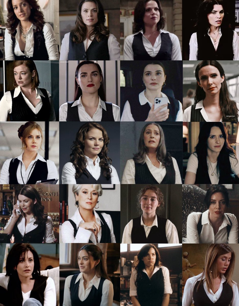 white blouse + black vest variants genre
