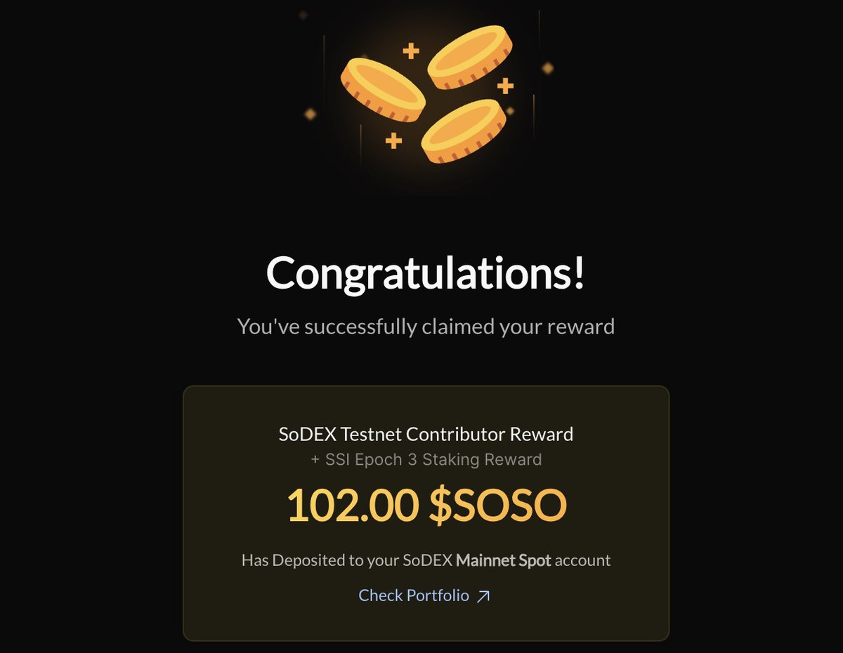 Check $SOSO nha ae 🔴

👉 testnet.sodex.com/points

Lâu rồi mới có cảm giác trúng airdrop luôn. Tính ra kèo này ngon hơn rất nhiều kèo 🍊 giai đoạn hiện nay luôn.

Dev <a href="/SoSoValueCrypto/">SoSoValue</a> quá uy tín, 💯 điểm.

Sẵn đây ae nào đi ngang thấy thì kết nối giúp mình với nha,