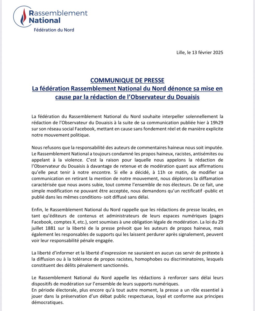 🔴 Communiqué de presse

Nous dénonçons fermement la mise en cause infondée de notre mouvement par l’Observateur du Douaisis.

➡️ Le <a href="/RNational_off/">Rassemblement National</a> condamne sans ambiguïté les propos haineux, racistes ou violents et refuse d’en être tenu responsable.