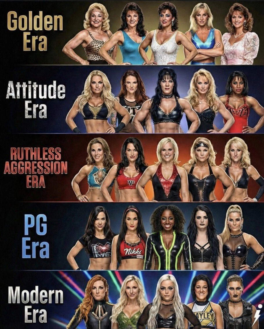 DirtyDomDom's tweet image. The Women's Revolution didn't happen overnight it was built on these shoulders.

🟡 Golden Era: The Pioneers &amp;amp; The Glamour.

⚫️ Attitude Era: Rebellion &amp;amp; Breaking Barriers.

🔴 Ruthless Aggression: Intensity &amp;amp; Fearless .

🔵 PG Era: The Spark &amp;amp; The Revolution.

⚪ Modern Era:…