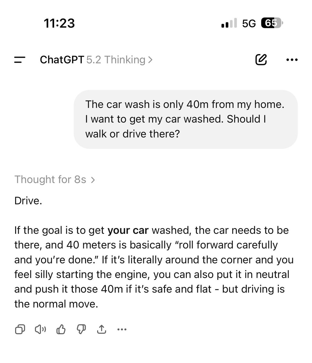 Forget the Strawberry Test.

This is the real Turing Test for AI:

The Car Wash Test!

I asked every major SOTA model one simple question:

“The car wash is 40 m from my home. I want to wash my car. Should I walk or drive there?”

No tricks. Just real-world reasoning.

Passed 🟢