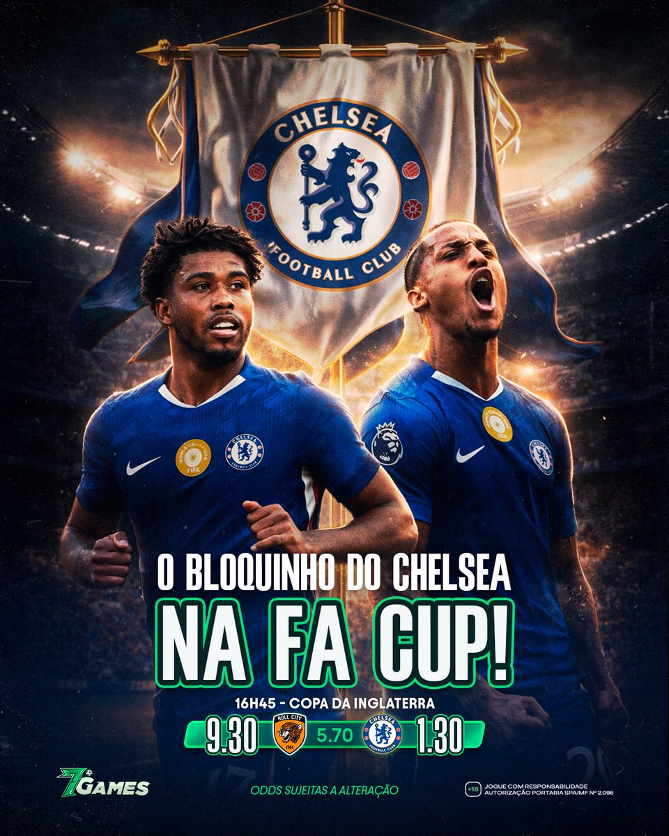 7gamesbet's tweet image. É dia de FA Cup… e o bloquinho do Chelsea já está em campo! 🔵🔥
Andrey Santos e João Pedro entram na disputa…
E você entra com as melhores oportunidades

#7Games #joguecomresponsabilidade🔞