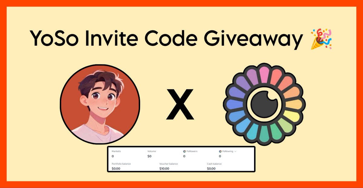 AGAIN YOSO INVITE CODE GIVEAWAY 🔥

I got 9 exclusive alpha invite codes

WHICH INCLUDES TRADE CREDIT

Giving them to the community

How to Enter 👇

- Like this post and follow me &amp; <a href="/yososocial/">Yoso 👁️ - Social Prediction</a>

reply answer (must) - Pick your favorite prediction market category and create one